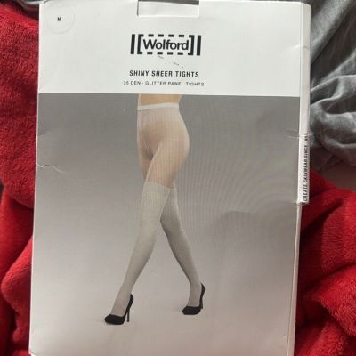 Wolford Women  Blk Shiny Sheer Glitter Panel Tights 35 Den Size M $65